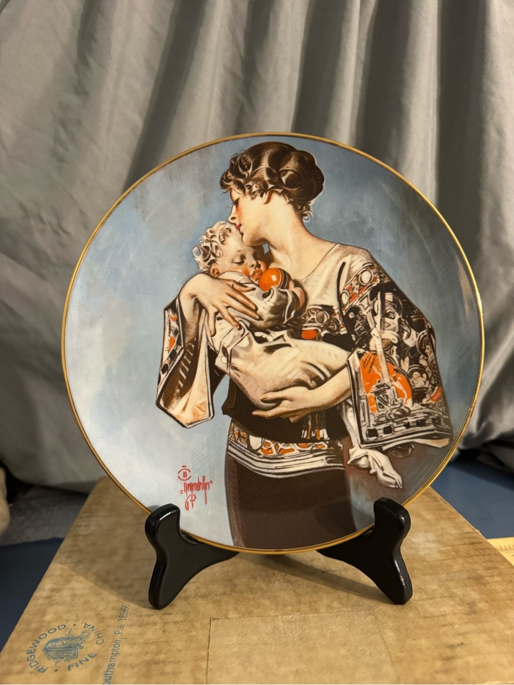 Decorative Mother and Child Art Plate - Blue, Orange, Gold Accents